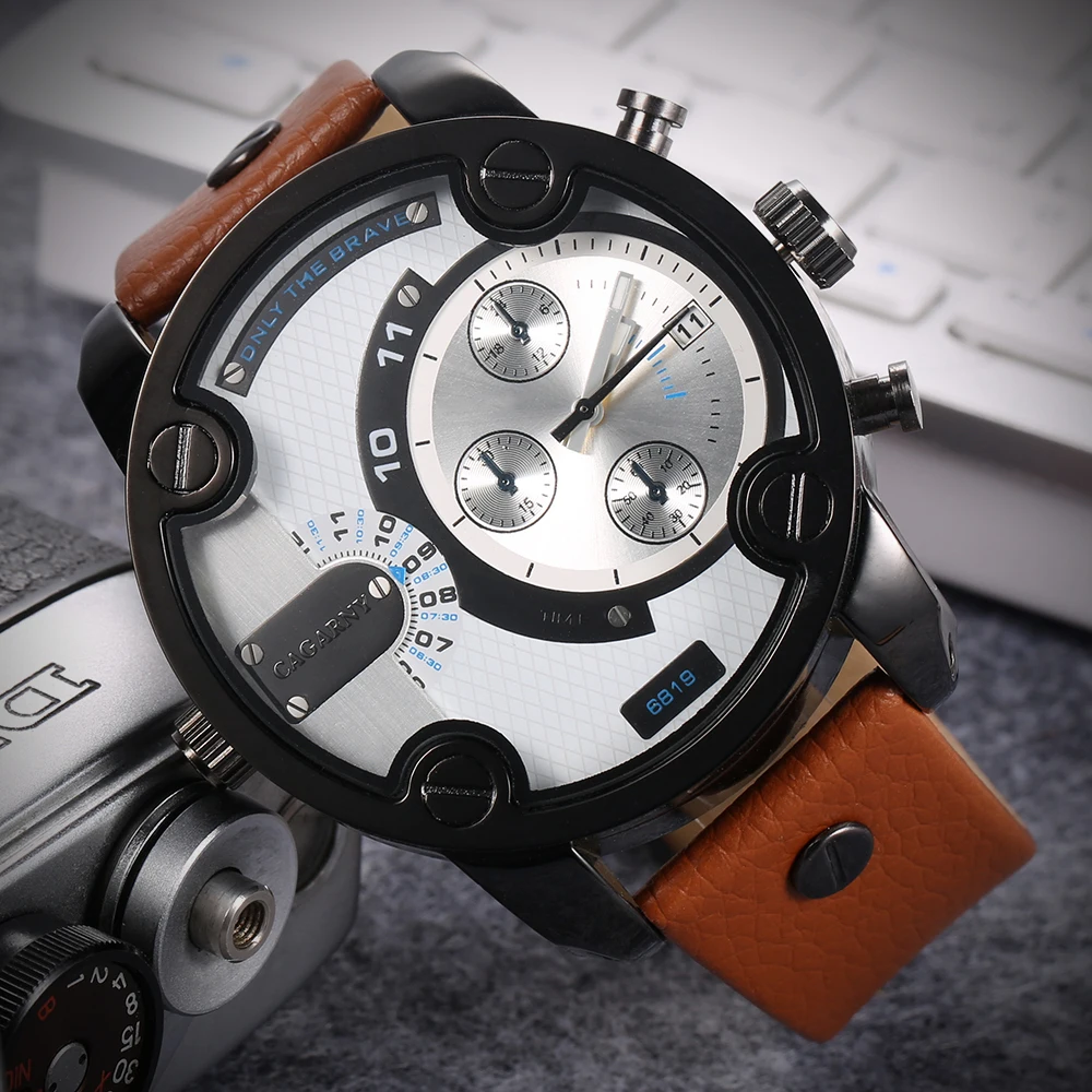 Cool Big Case Quartz Watch For Men Casual Mens Watches Cagarny Luxury Leather Strap Dual Times Miltiary Relogio Masculino XFCS