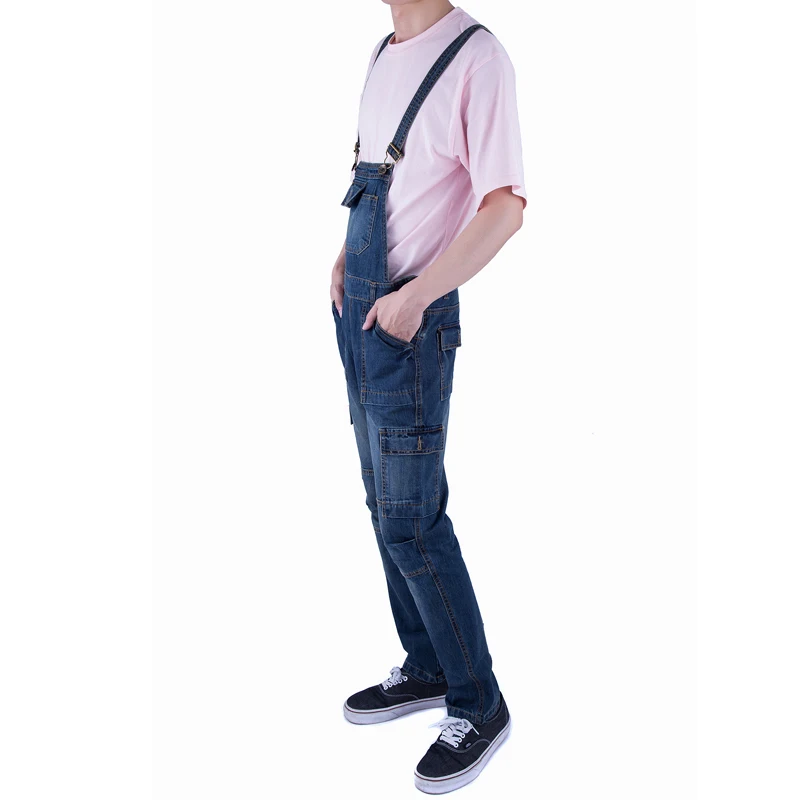 Classic Men Plus Size Denim Bib Overalls Multi Pockets Light Washed Blue Oversized Jean Jumpsuits For Male Big and Tall