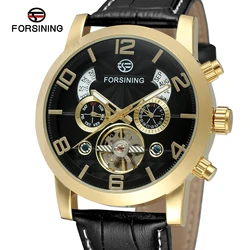 Forsining Golden Bezel Tourbillion Year Month Display Genuine Leather Men Watches Top Brand Luxury Self Winding Automatic Watch