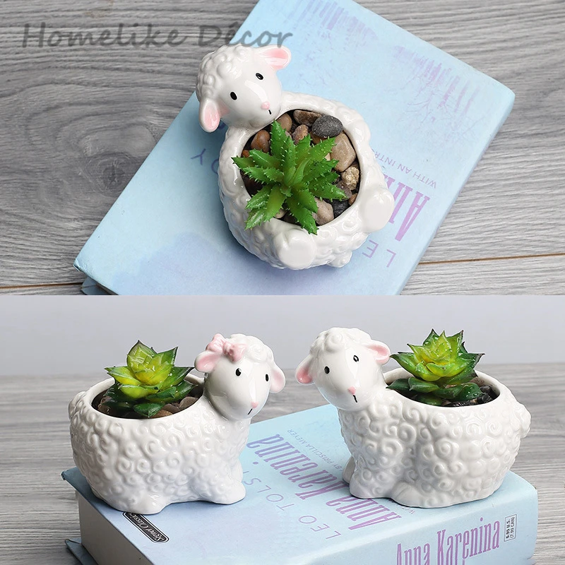 

Pack of 3 pieces Sheep family ceramic flowerpot Mini Sheep animal porcelain flower plant pot for Desktop Home Garden decoration