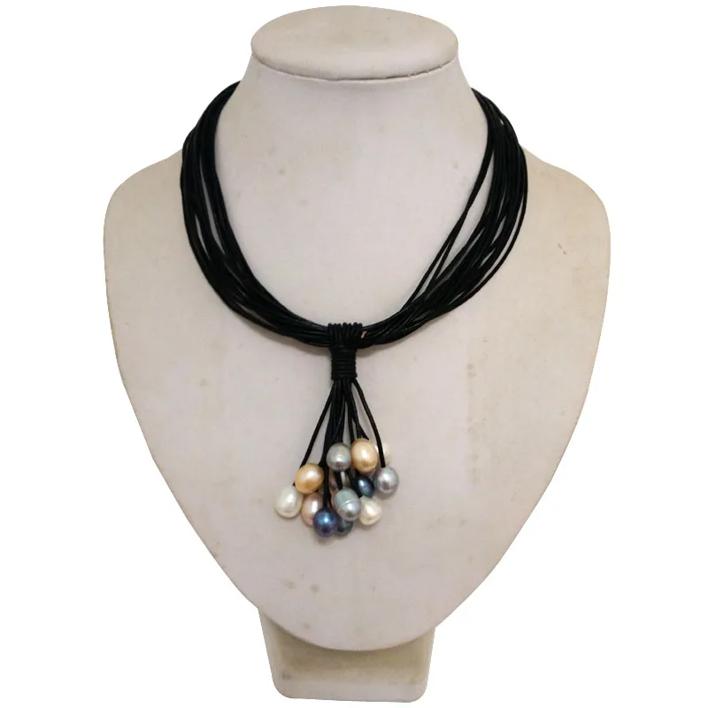 17 inches 15 Rows Black Leather Cord Multicolor Oval Pearl Women Pendent Necklace