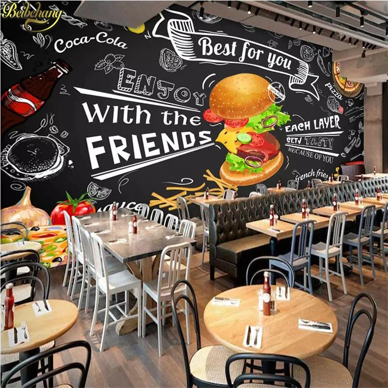 Papel tapiz 3D personalizado de hamburguesa, pegatinas de fondo de comida rápida para restaurante, snack bar, catering, sala de estar y dormitorio