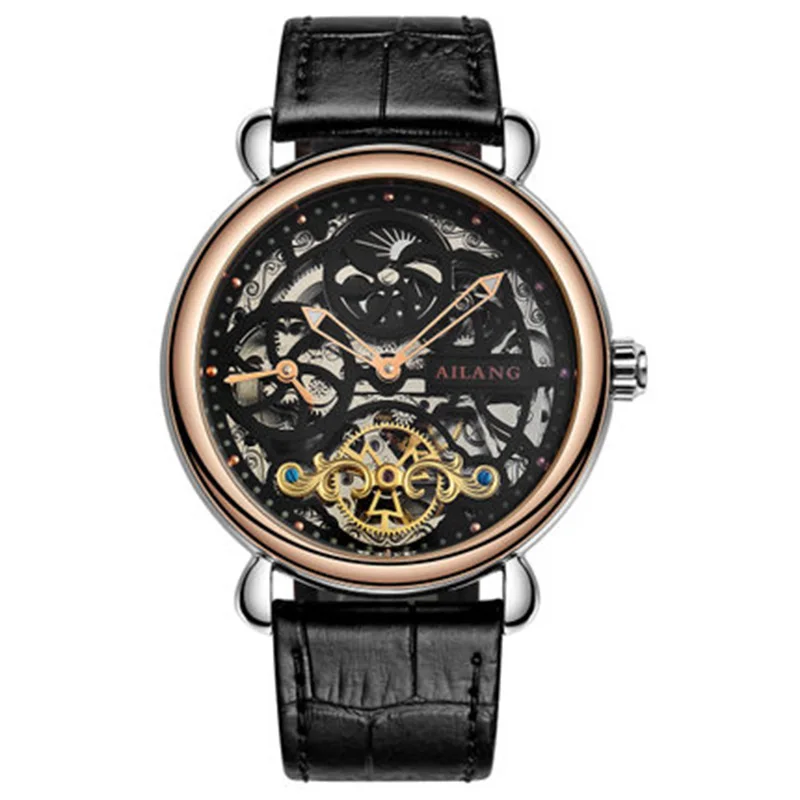 Deluxe Automatic Mechanical Watch Dial Dual Time Zone Function Group Male Sun And Moon Stars Display Leather Watch Skeleton