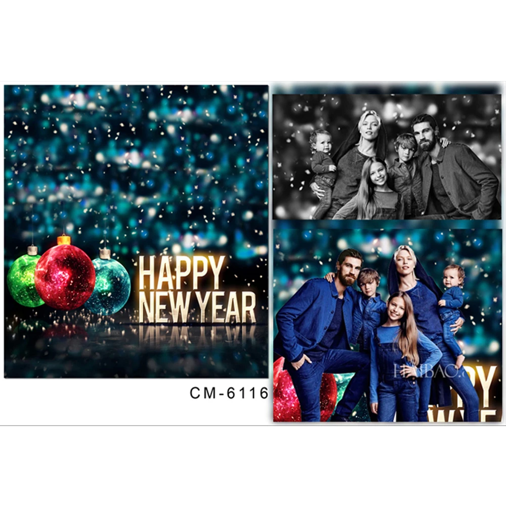 

Happy New Year Backdrop for Family Photography Printed Green Red Blue Balls Falling Snowflakes Bokeh Christmas Photo Backgrounds