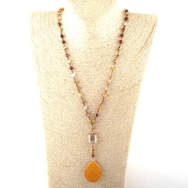 Fashion Bohemian Jewelry 6mm Stones Rosary Chain Crystal Link Stone Drop Pendant Necklaces For Women Ethnic Necklace