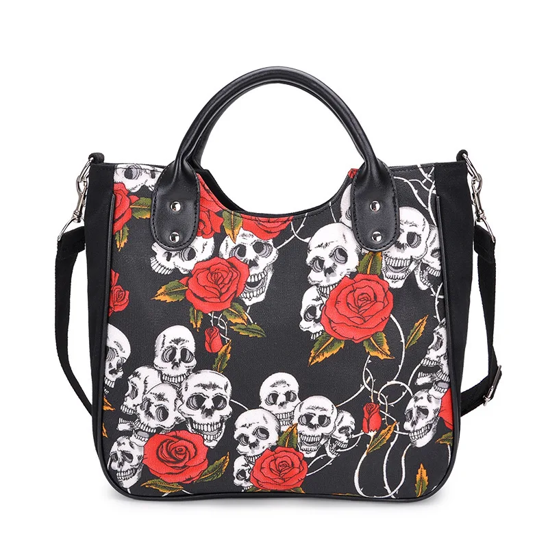 JIEROTYX Personality Trend Human Skeleton Printing Canvas Bag Gothic Women Handbag Fashion Skull Rose Canvas Big Bag Ladies