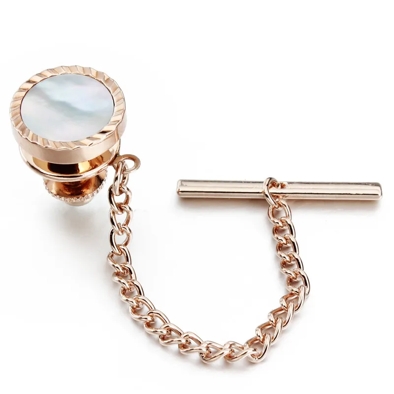 HAWSON Rose Gold and Mother of Pearl Tie Tack mens Fashion Brushed Matte Metal Clutch Pin Backs with Chain Wedding Dress Gift