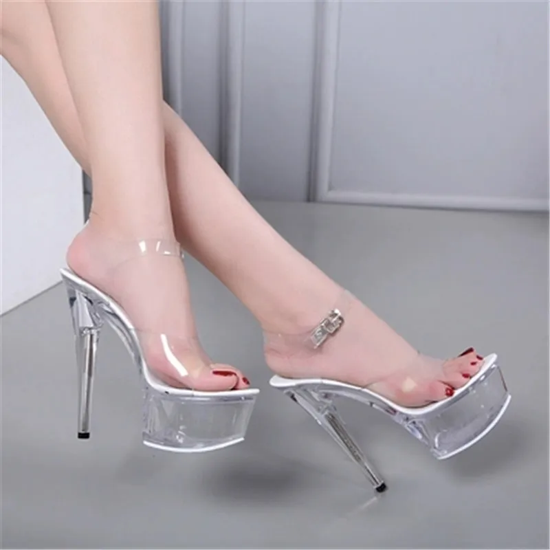 Full transparent thick bottom sexy dancing shoes 15 cm high heel sandals, nightclub stage female pole dancing shoes