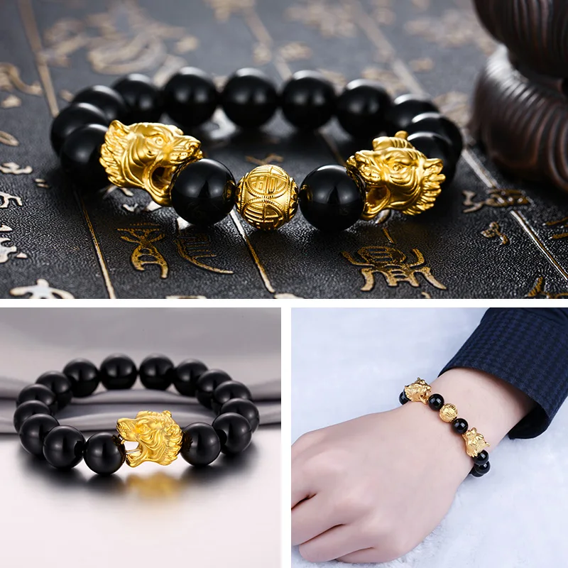 Solid Pure 24K Yellow Gold Bracelet Women 3D 999 Gold Tiger Head Bracelet