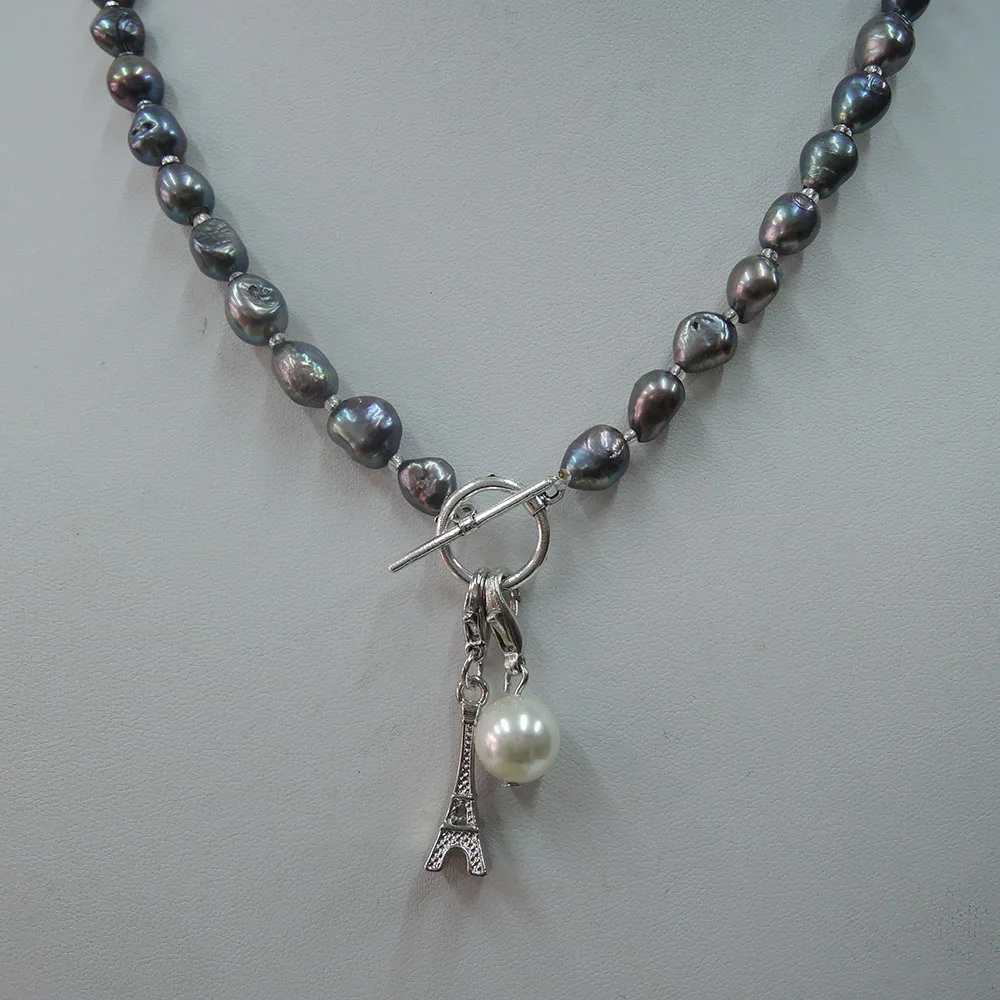 100% NATURE FRESHWATER PEARL NECKLACE WITH NICE Crown or Eiffel tower pendant .black baroque pearl