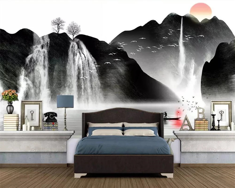 

Beibehang Custom wallpaper Chinese ink landscape waterfall TV background wall home decoration living room bedroom 3d wallpaper