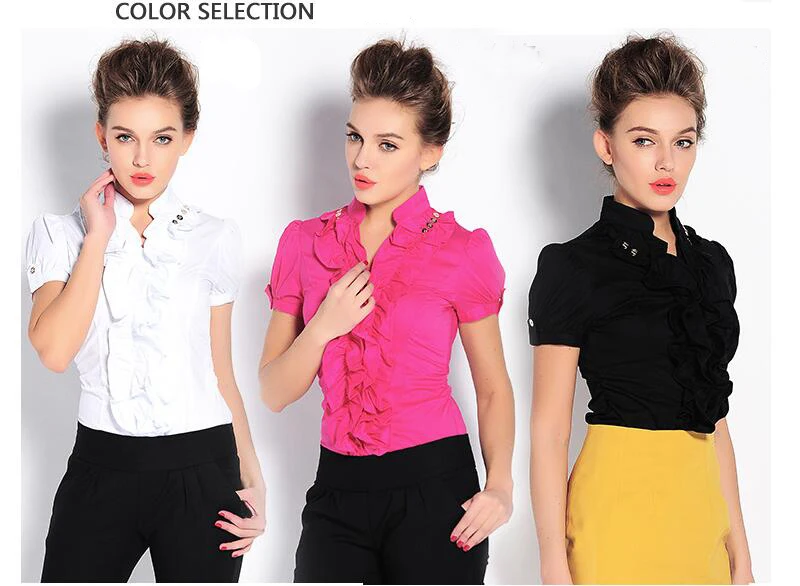 Summer Fashion Elegant Office Lady Short Sleeve Body Shirt Ruffles Frilled Blouse Slim Fit SY0363 Drop shipping