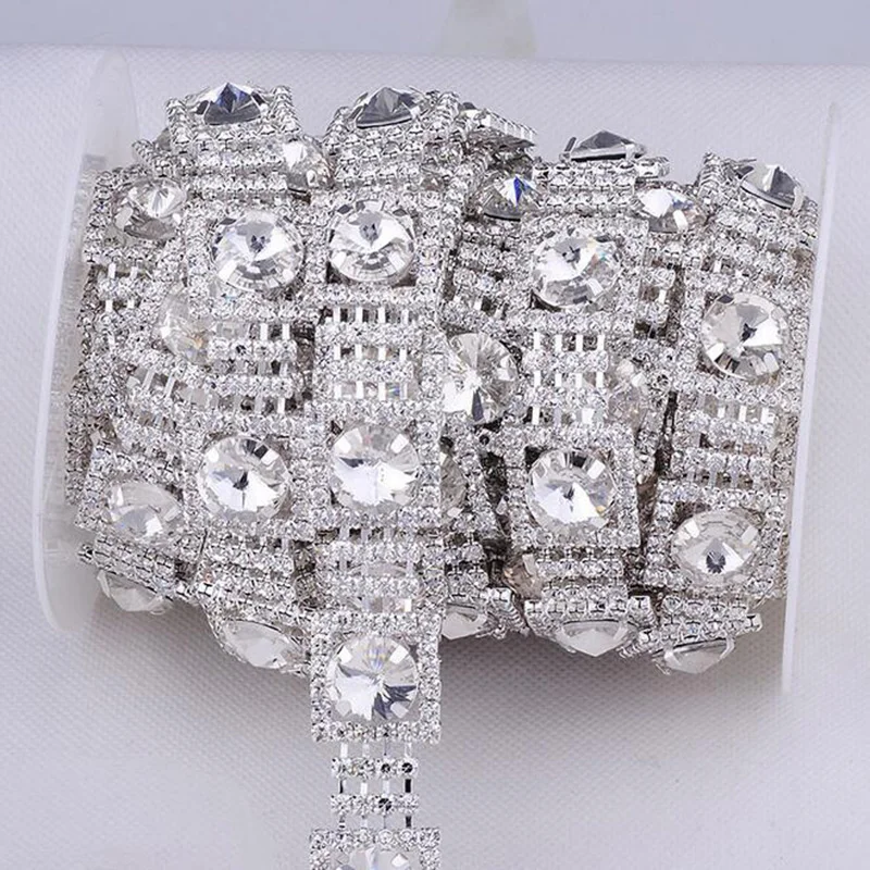 10Yards Costume Applique Clear Square Crystal Rhinestone Trim Silver Chain Sew On Rhinestones Wedding Cake Decoration