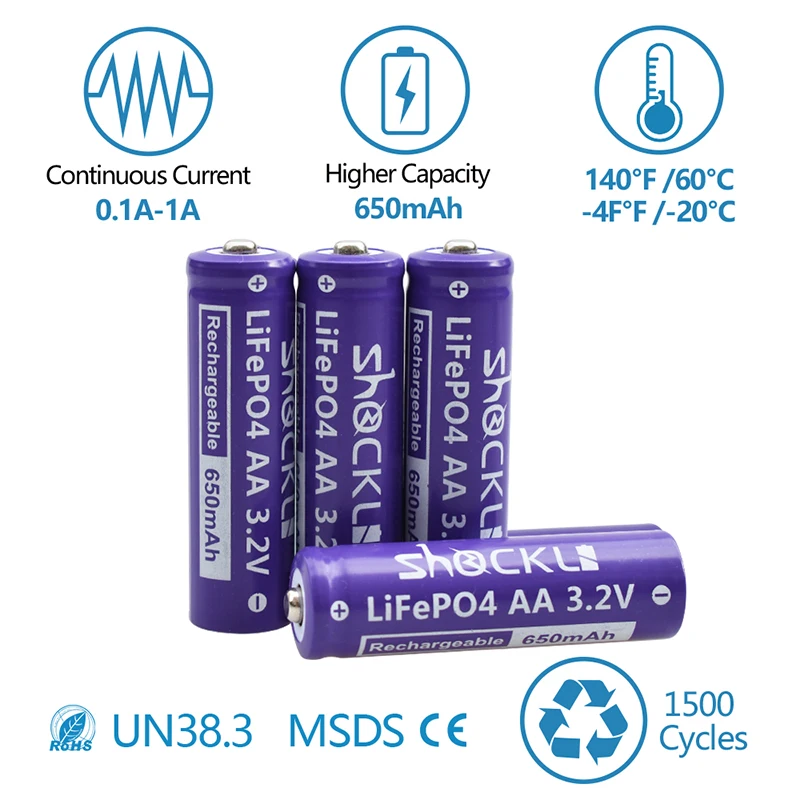 4PCS Shockli 3.2V LiFePO4 battery AA 14500 rechargeable battery  650mAh lithium battery for Camera and Solar led lights