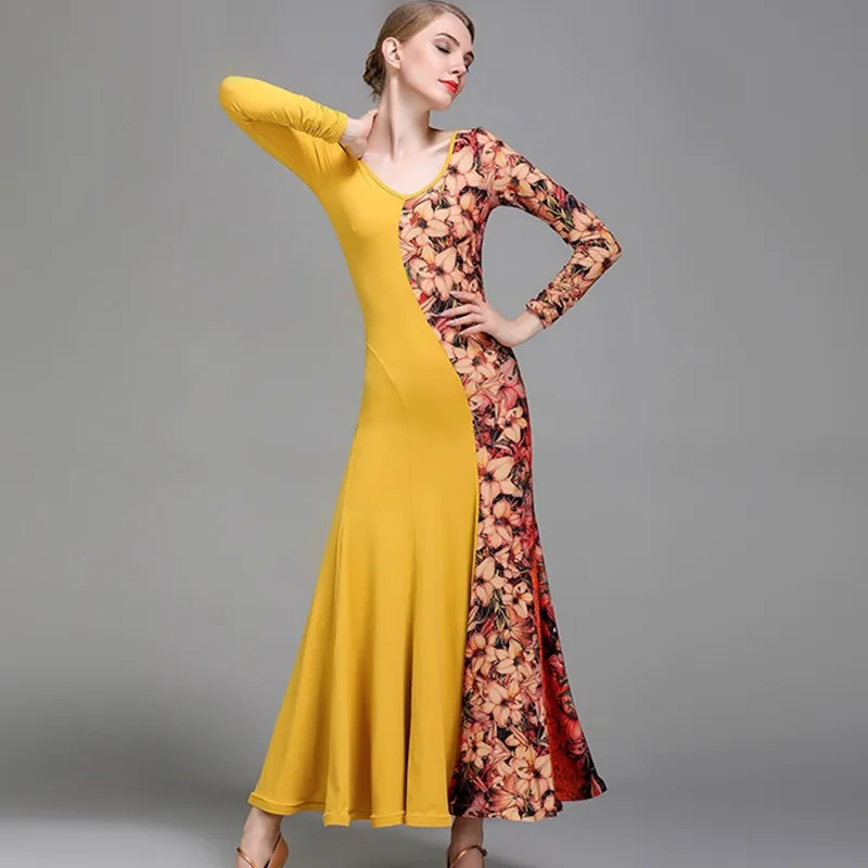 Vestido de salón Latino estándar para mujer, vestido de vals de vientre, trajes de baile, ropa de práctica de salón, vestido español, flamenco amarillo