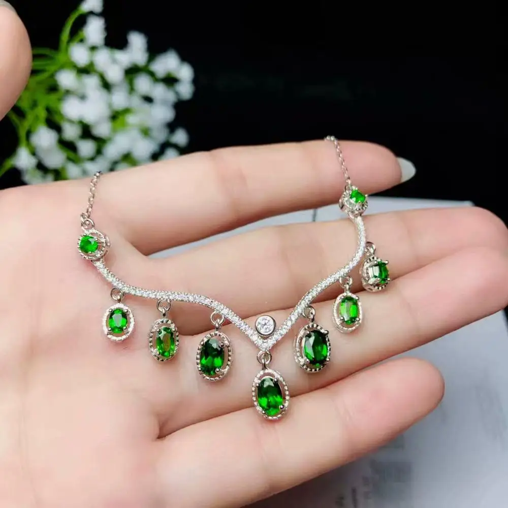 

noble style green diopside gemstone collarbone necklace for women silver.Jewelry gift certified natural gem real 925 slver gift