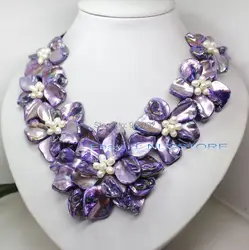 YH@CS white pearl purple mother of pearl shell flower handmade necklace 18