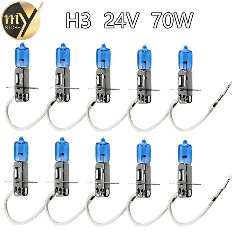 

10pcs H3 Car Halogen Lamps 24V 70W Super White 6000K Xenon Dark Blue Bulbs Auto HeadLights Quartz Glass Car Light Source parking