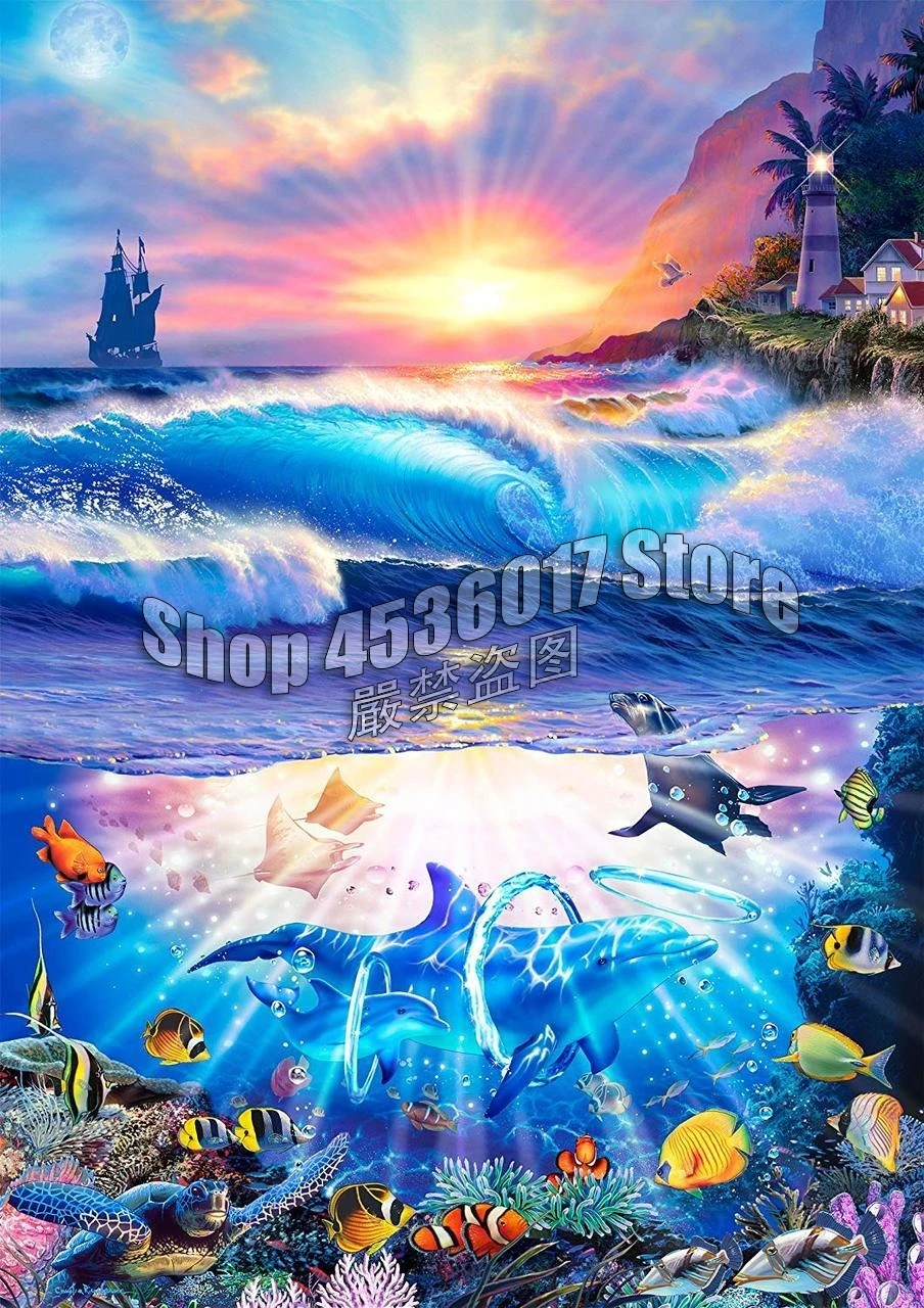 5d Diy Diamond Painting Full Cross Stitch Cross Stitch,Diamond Mosaic landscape Sea dolphins sunset fish Paintings,Home Decor