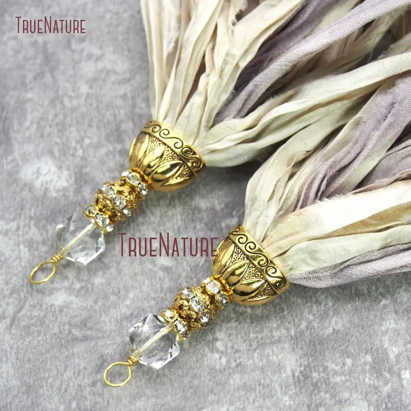 10pcs Ivory Sari Silk Tassel With Crystal and Gold Color Rhinestone Ball Yarn Ribbon Pendant PM20058