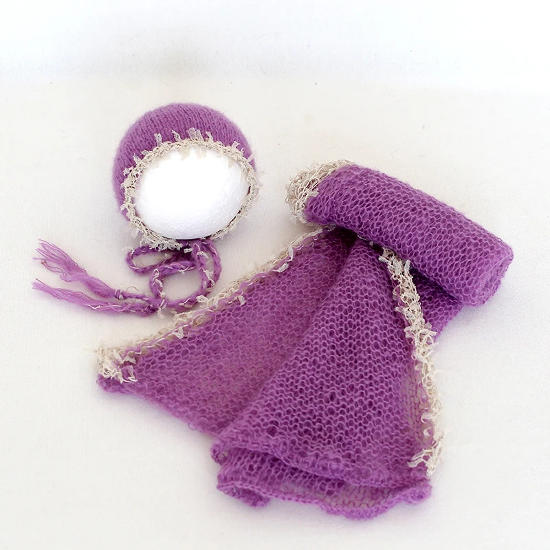 

Lilac Baby Girl Lace swaddle Wrap Set Mohair Crochet Newborn Wraps Jersey Stretch Blanket Newborn Swaddle knit Blanket Props