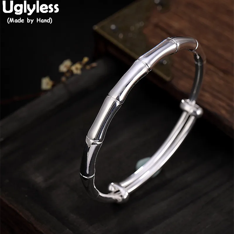 Uglyless 100% Real 999 Fine Silver Panda's Favorite Bamboo Bangles for Women Polished Push-pull Bracelets Asian Ethnic Bangle