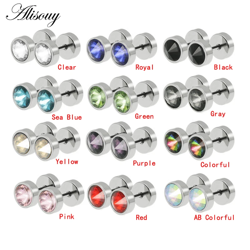 Alisouy 1pc Women Men Unisex Stud Earrings Barbell Ear Stud Pendientes Stainless Steel Crystal Zircon Anti-allergic Punk Jewelry