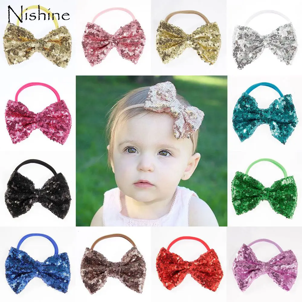 NISHINE New Bling Glitter Sequin Bow Knot Headband Girl Chic Khaki Nylon Headwear Hair Accessories Cute Gift