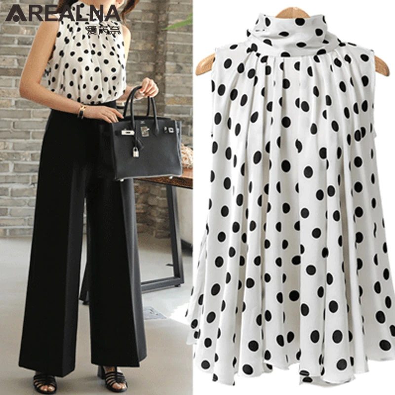 Sleeveless Chiffon Blouse Womens Tops and Blouses Elegant Summer Style Polka Dot Ladies Office Shirt Women Clothes Oversized 5XL