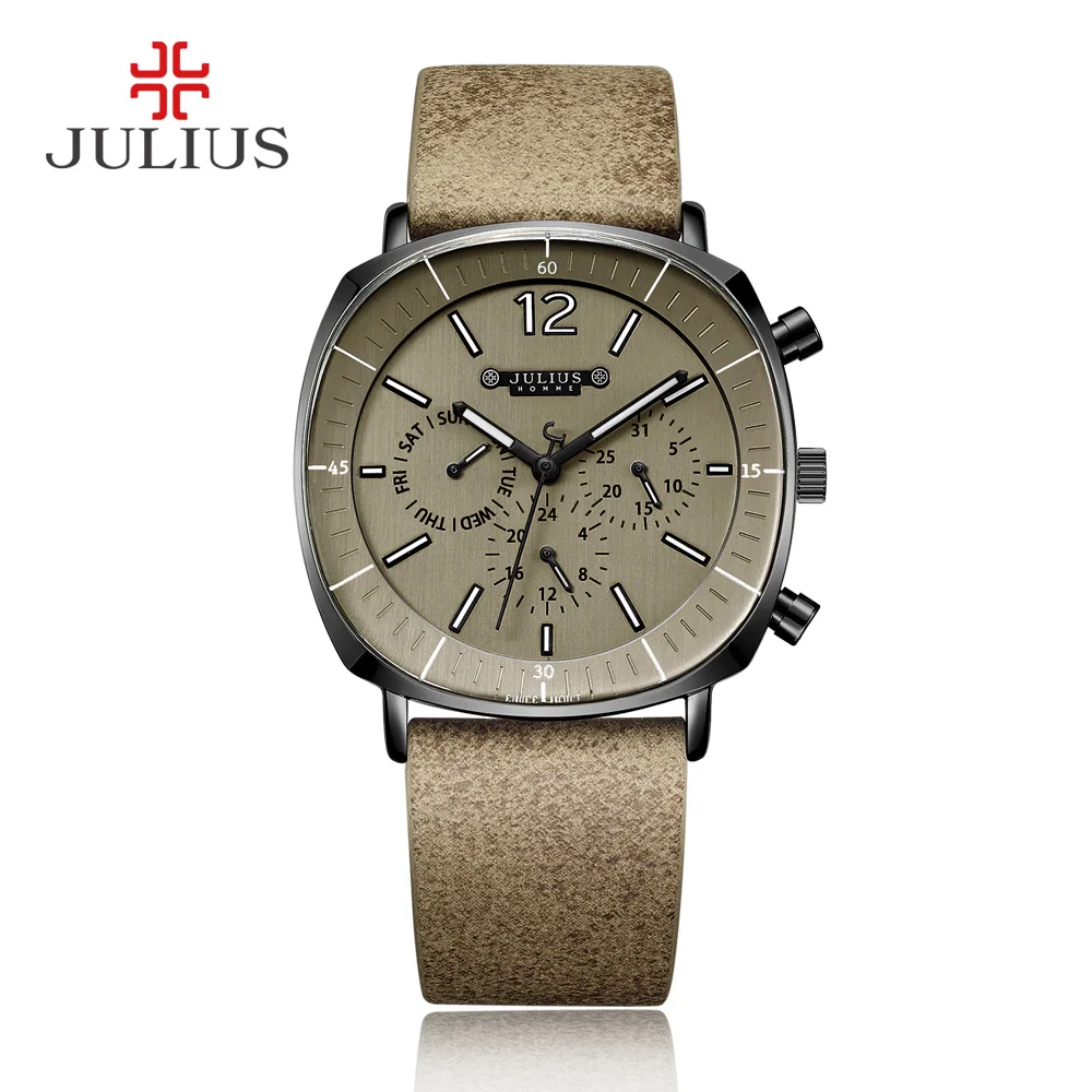 JULIUS Real Chronograph Men\'s Business Watch 3 Dials Leather Band Square Face Quartz Wristwatch High Quality Watch Gift JAH-098