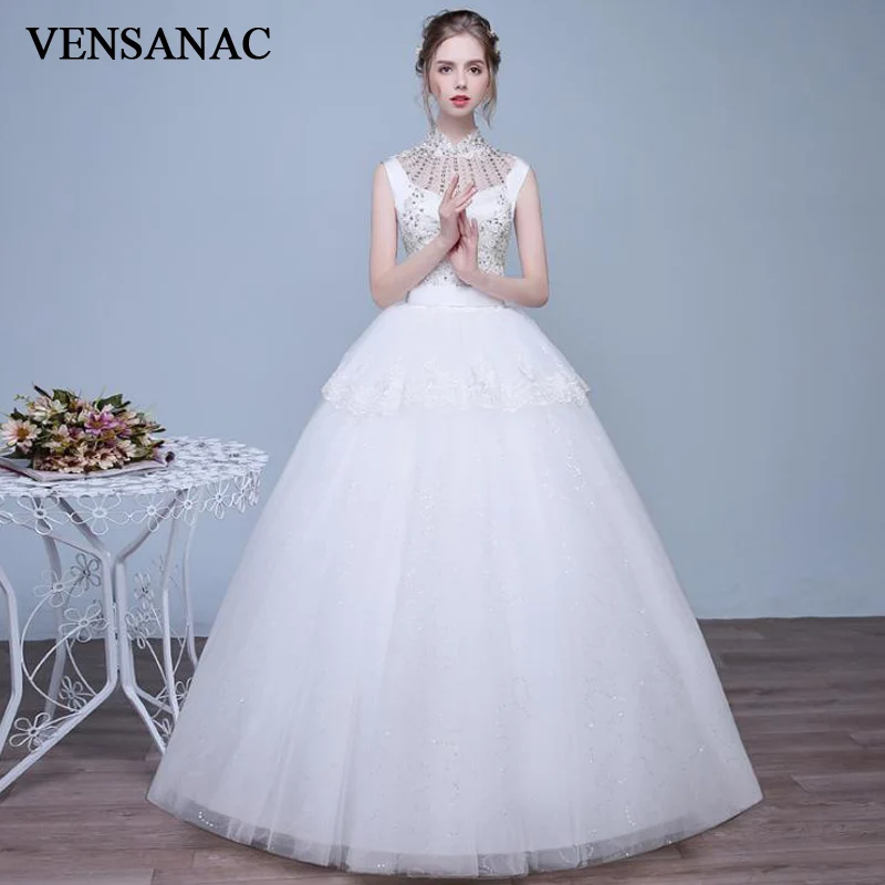 

VENSANAC Crystal High Neck Tiered Lace Appliques Ball Gown Wedding Dresses Sequined Sash Open Back Bridal Gowns