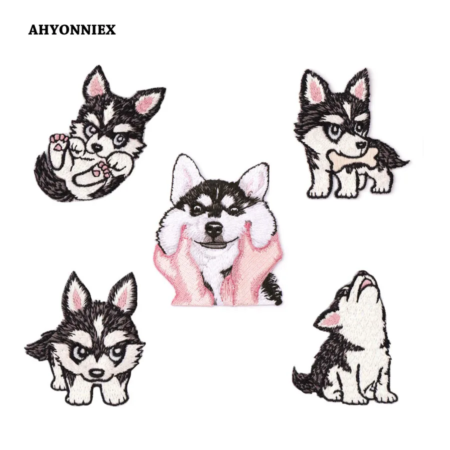 AHYONNIEX 1 PC Husky Dogs Animal Patch Embroidery Repair Banners Jacket Jeans Cute Iron On Stickers For Kids Clothes Applique