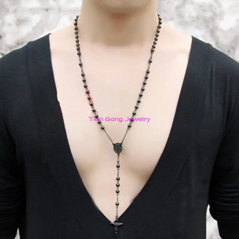 4mm/6mm/8mm Rosary Beads Chain 316L Stainless Steel Religous Cross Pendant Necklaces Black Tone for men For Women