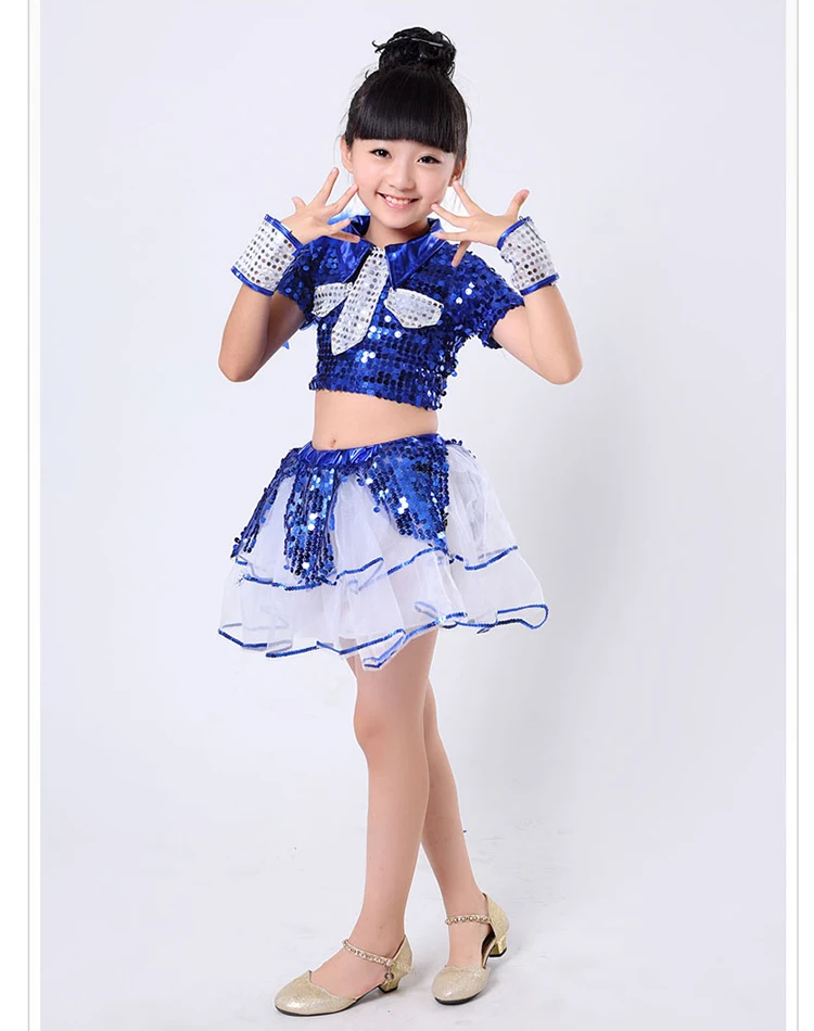 Girl Blue Dance Sequin Jazz Dance Costume Children Girls Jazz Dance Performance Shirt Skirt Hip Hop New Kid Girl Jazz Dancewear