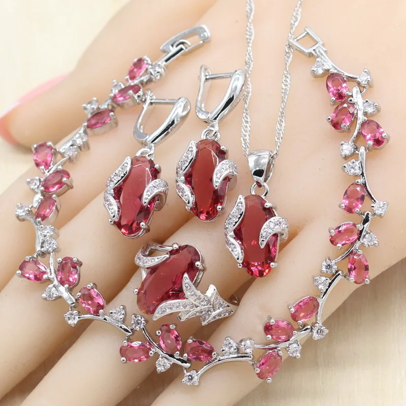 Silver Color Jewelry Sets For Women Red Stones Necklace Pendant Earrings Ring Bracelet Wedding  Birthday Gift