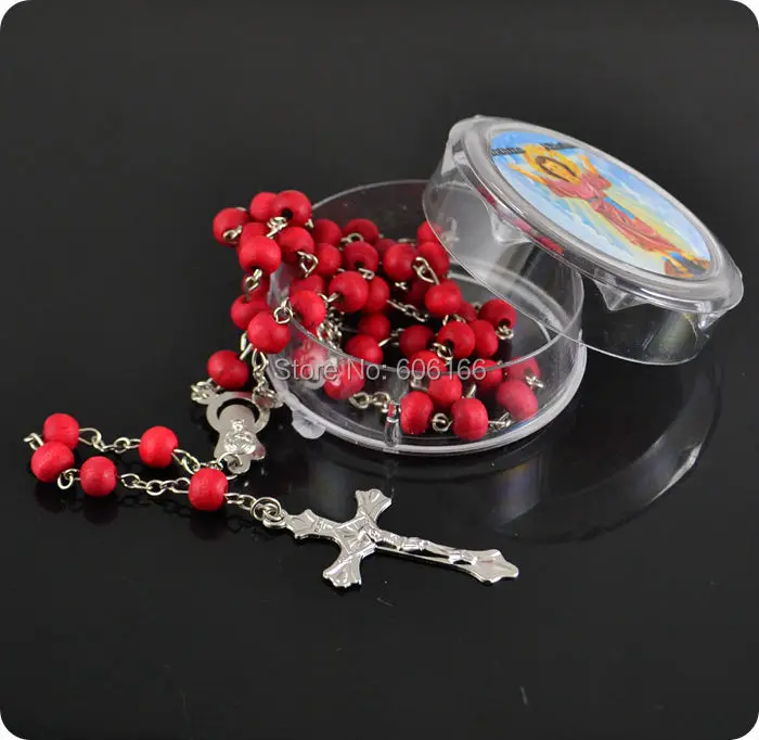 48x Mix Color rose scented perfume wood Rosary Beads INRI JESUS Cross Pendant Necklace Catholic Fashion Religious jewelry