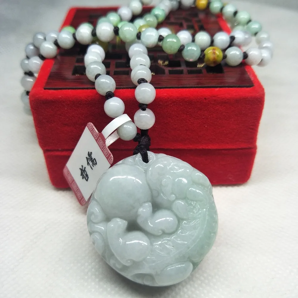 

Zhe Ru Jewelry Pure Natural Jadeite Light Green Beast Pixou Pendant Tricolor Jade Bead Necklace Gift Class A National Certificat