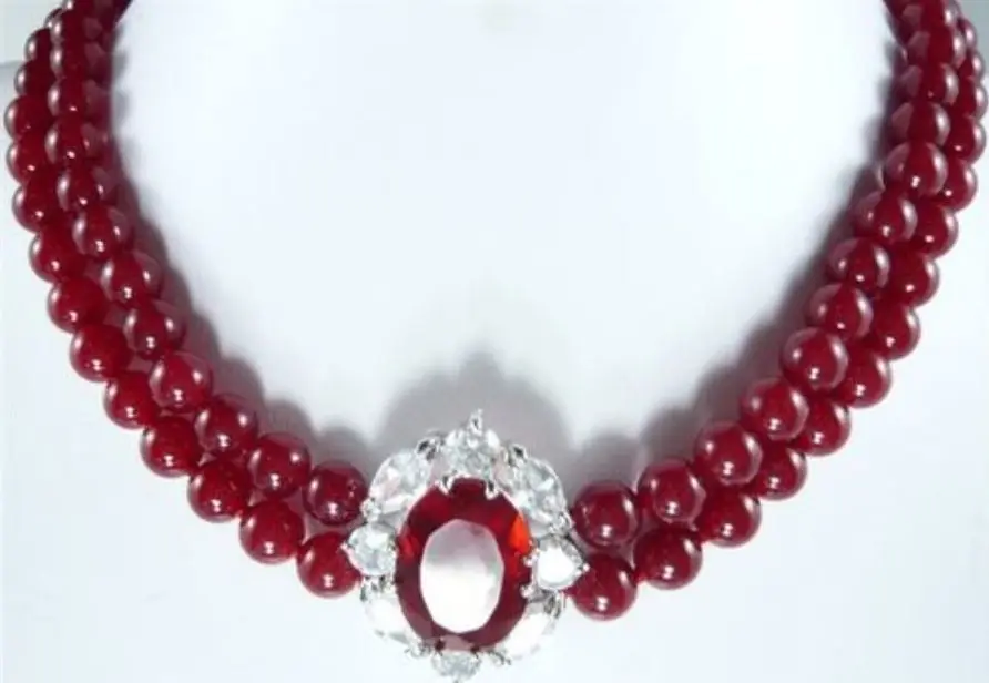 FREE shipping Pretty!2Rows 8MM Red Natural stone +Crystal Pendant Necklace