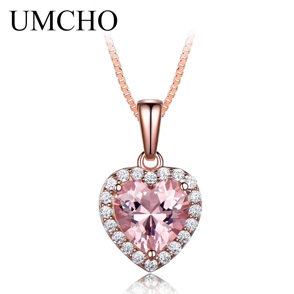 UMCHO Solid 925 Sterling Silver Necklaces For Women Rose Pink Morganite Charm Heart Pendant For Girl Gift Fine Jewelry