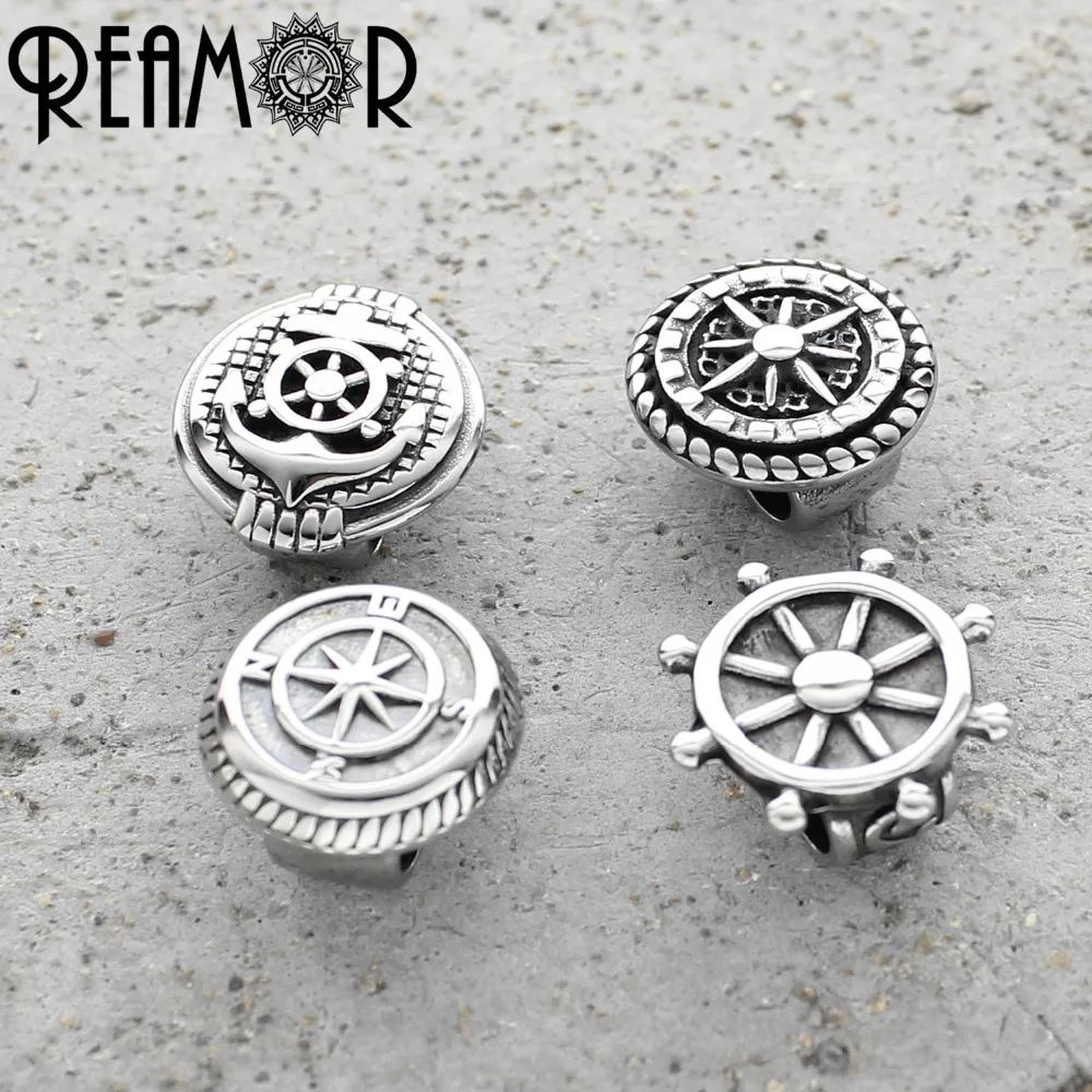 REAMOR Stainless Steel Anchor Rudder Compass 5mm Double Hole Charms Beads For DIY Leather Bracelet Jewelry Making Accessories