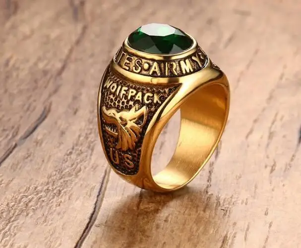 Plated Gold stainless steel Ring Band Large Green zircon Stone 8-12# Unisex Men army Gifts Hip-Hop