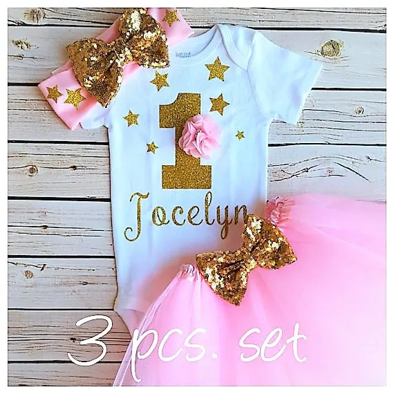 

personalized name gold stars birthday Newborn infant bodysuit onepiece Tutu Dress romper Outfit Sets baby shower party favors