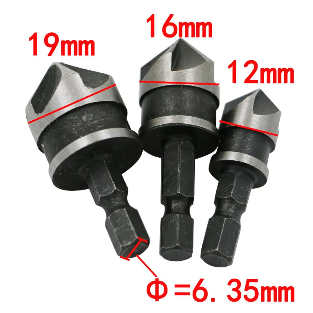 Broca escareadora 3 pçs 12mm/16mm/19mm, conjunto de brocas de escareador de 5 flautas, alta tecnologia, 90 graus, cortador de haste hexagonal, mayitr para madeira e metal