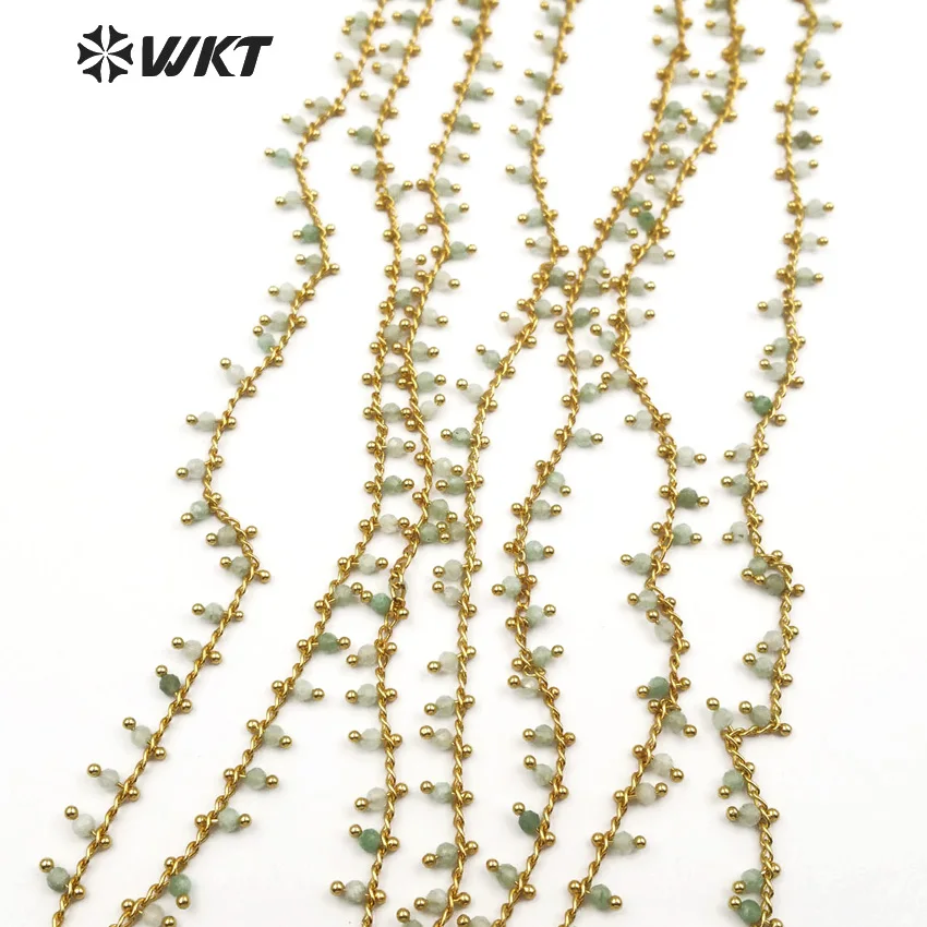 

WT-RBC084 Apple Green Chalcedony With Brass Wire Wrapped Rosary Beads Chain For DIY Necklace Bracelet Jewelry Making