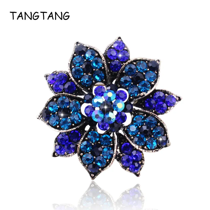 Vintage Royal Deep Blue Crystal Flower Brooches And Pins Jewelry Charming Rhinestone Glamour Awesome Accessories Lapel Pins 2019