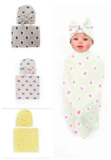 2017 new kids bamboo swaddle blanket and bowknot hat set flower bud blanket girls photography props muslin swaddle wrap