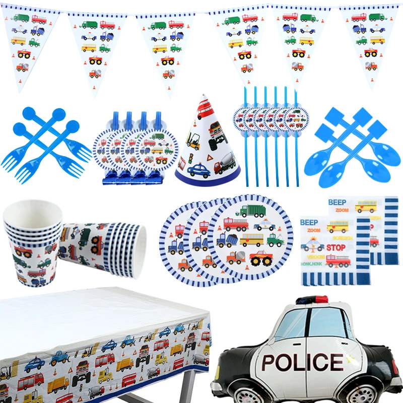 Children's Engineering Car Party bBirthday Party Supplies Train Balloon Decoration Construction Car Disposable Tableware Set