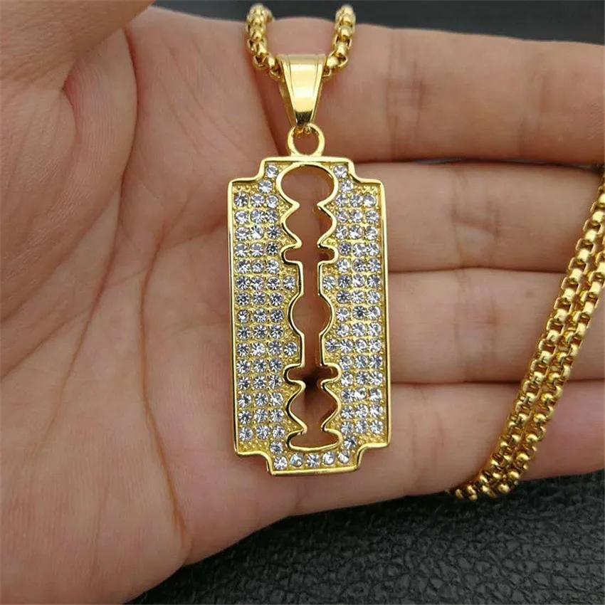 Hip Hop Blade Pendant Necklaces For Men Gold Color Stainless Steel Razor Necklaces Male Iced Out  Bling Rhinestones Jewelry