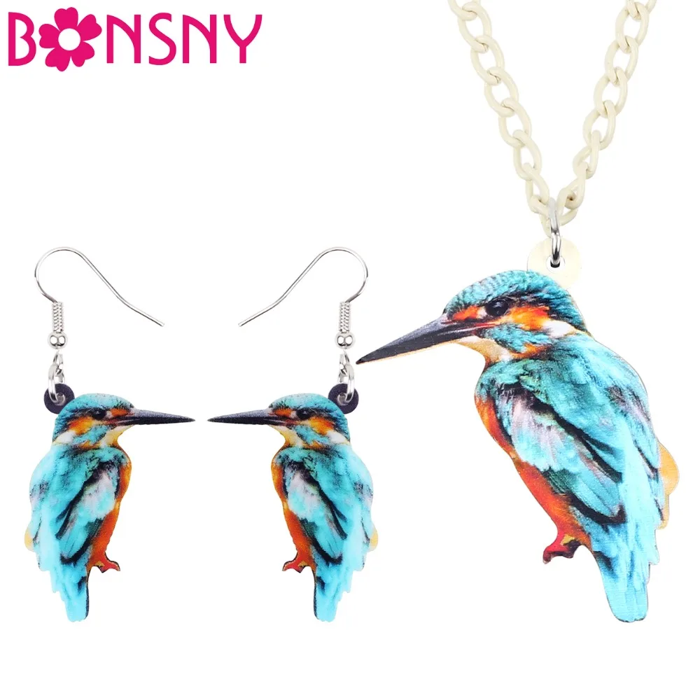 Bonsny Acrylic Jewelry Sets Elegant Kingfisher Bird Necklace Earrings Choker Fashion Pendant For Women Girls Gift Decoration