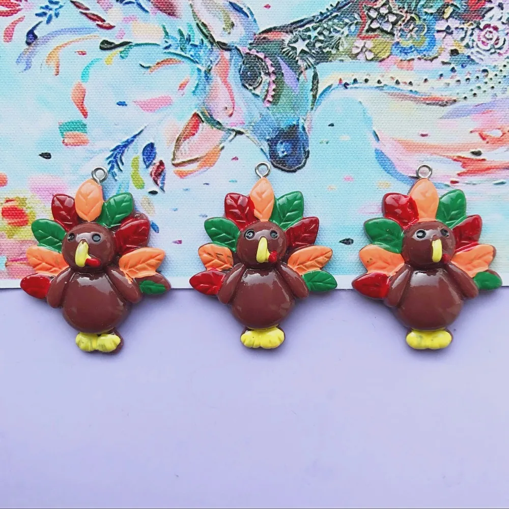 30*28mmZALEBABA 10pcs  resin Thanksgiving big Turkey necklace charms very cute keychain pendant necklace pendant for DIY earring